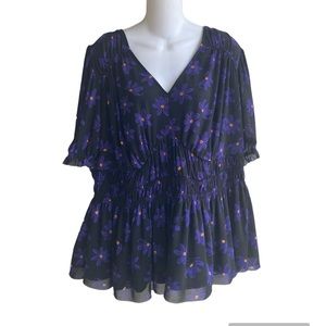 Ava and Viv Black and Purple Mesh Daisy Puff Short Sleeve V-Neck Top 1X New